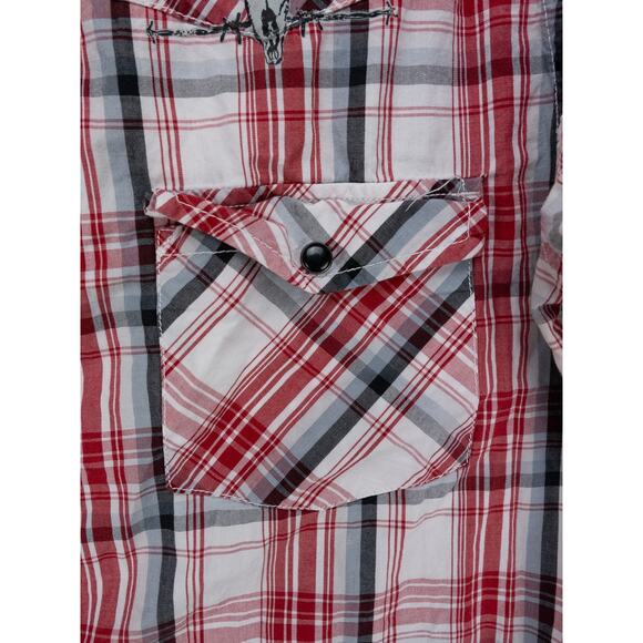 Cowboy Hardware Shirt Mens Medium Red White Plaid Pearl Snap Steer Skull Graphic - Picture 7 of 13